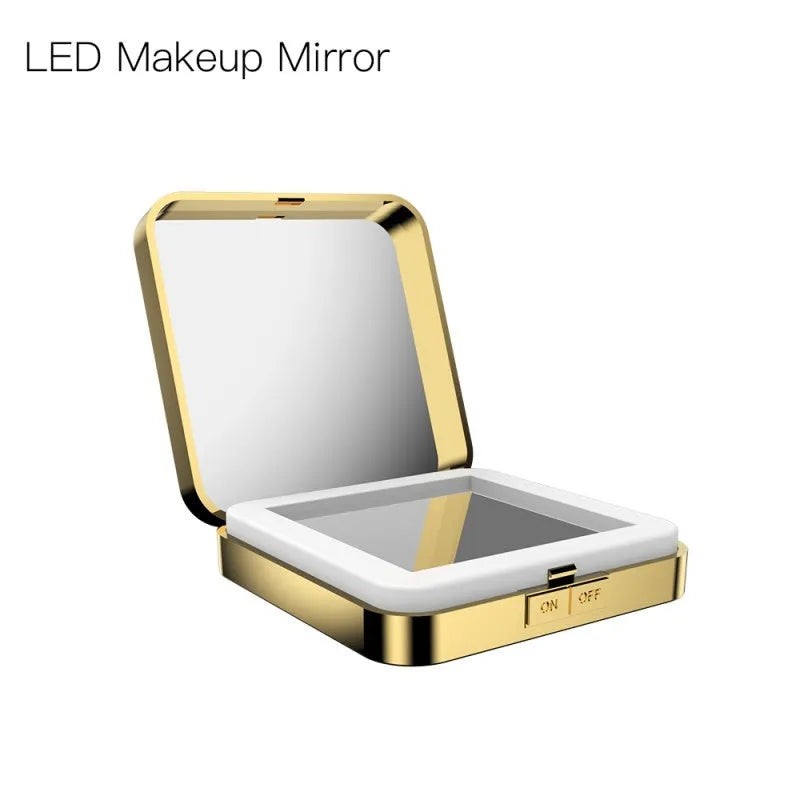 Black and white LED makeup mirror with dual surfaces including 4x magnification and adjustable lighting