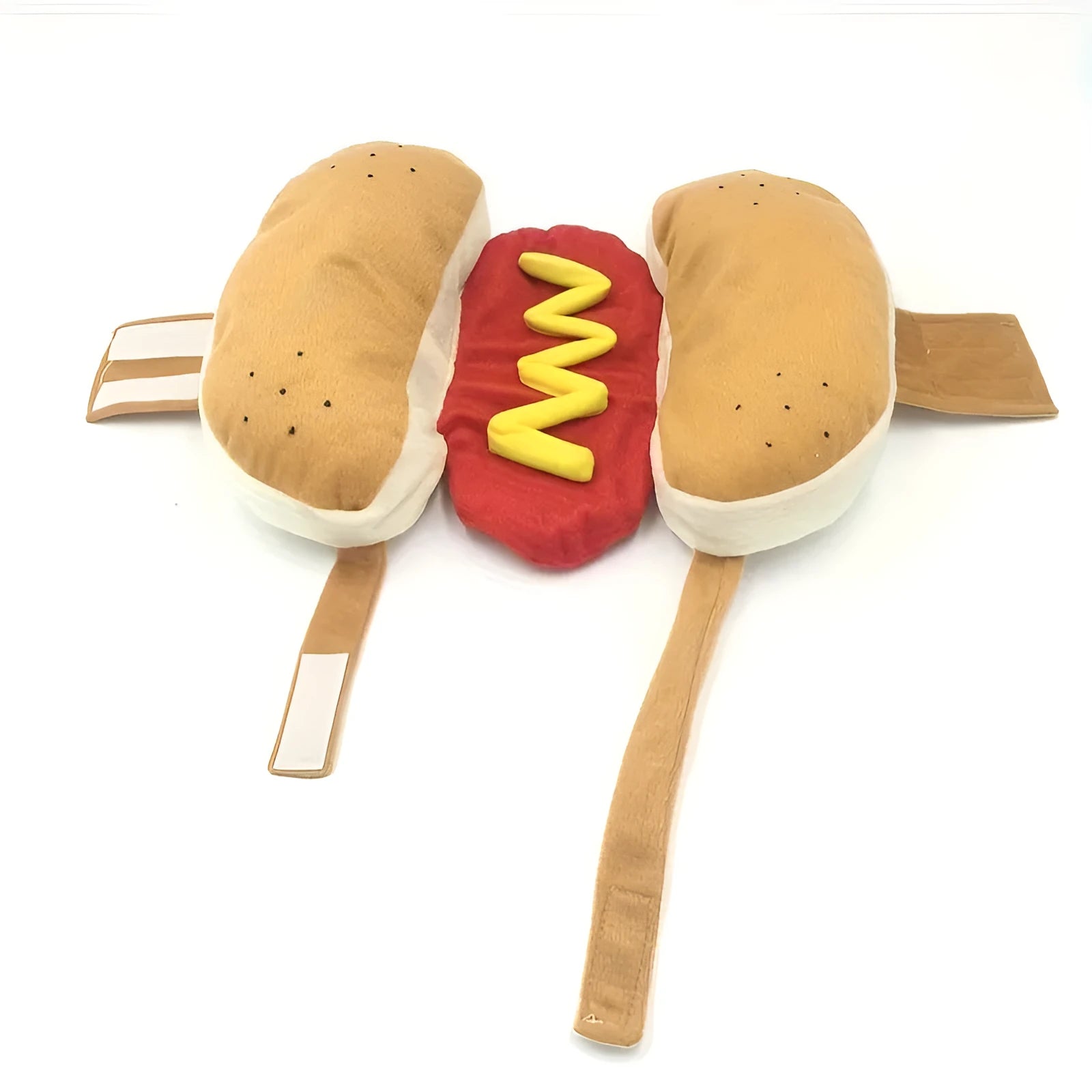 Small dog wearing a brown and yellow stuffed hot dog costume coat with S M L sizing options