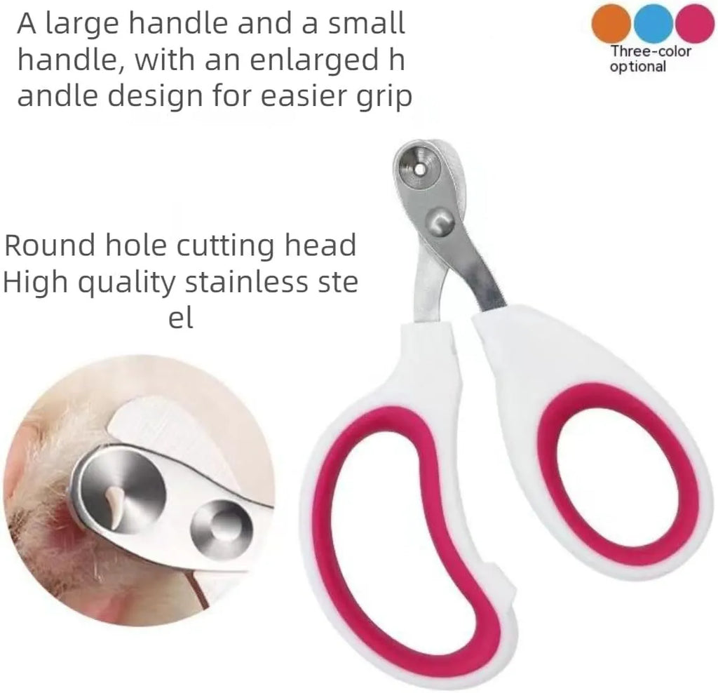 Blue pet nail clippers with a circular safety hole and cushioned non-slip handle.