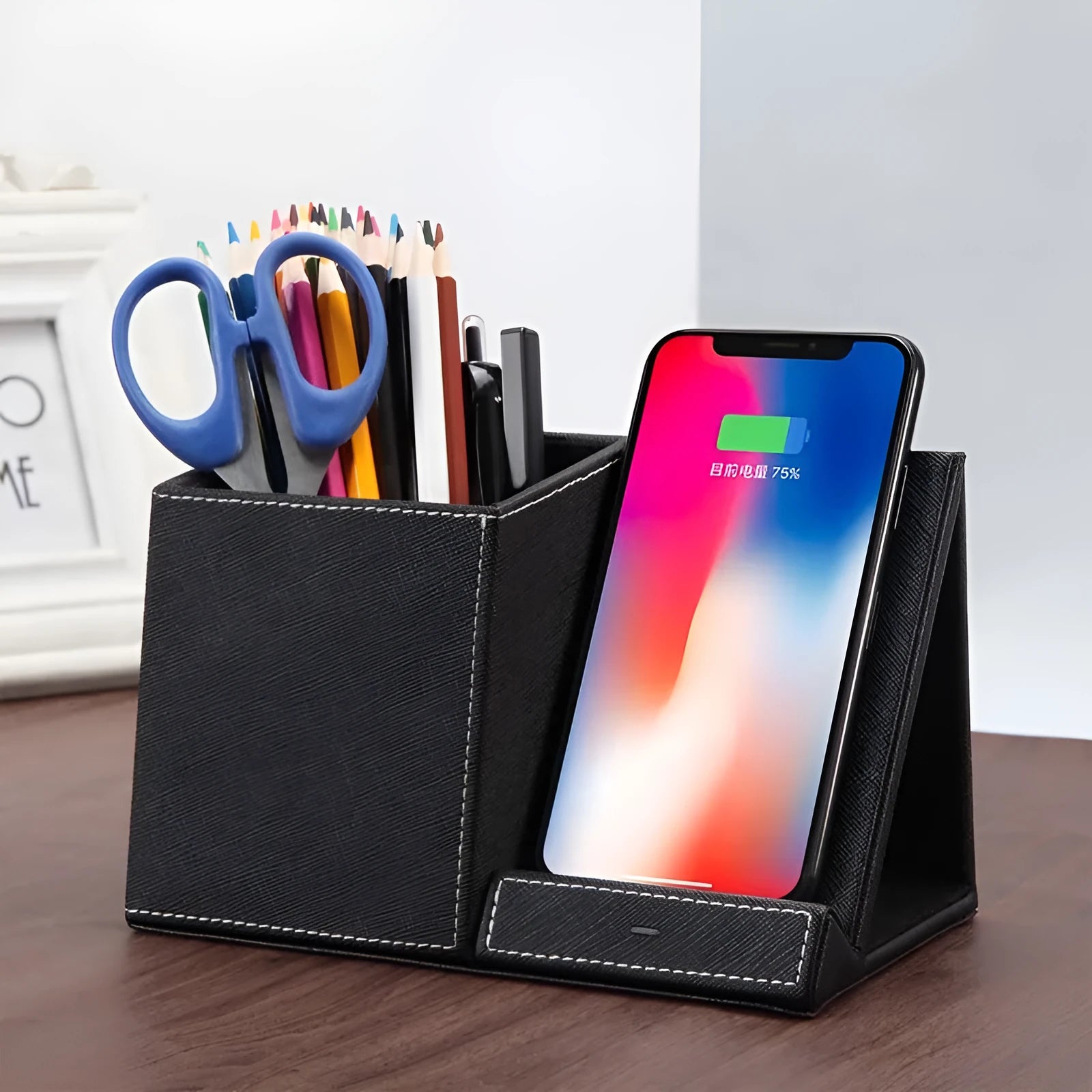Leather wireless charging station with integrated pen holder compartment for desk organisation