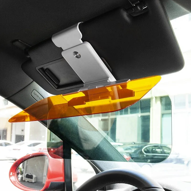 Anti-glare car sun visor with telescopic installation shown mounted on a vehicle sun visor