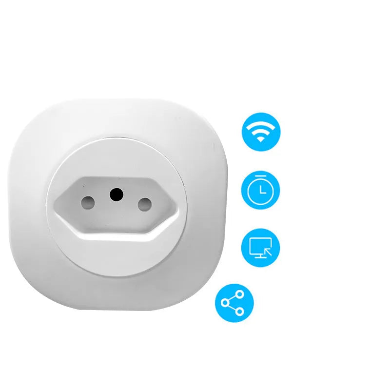 White Wi-Fi smart socket plug with EU style pins on a wooden table