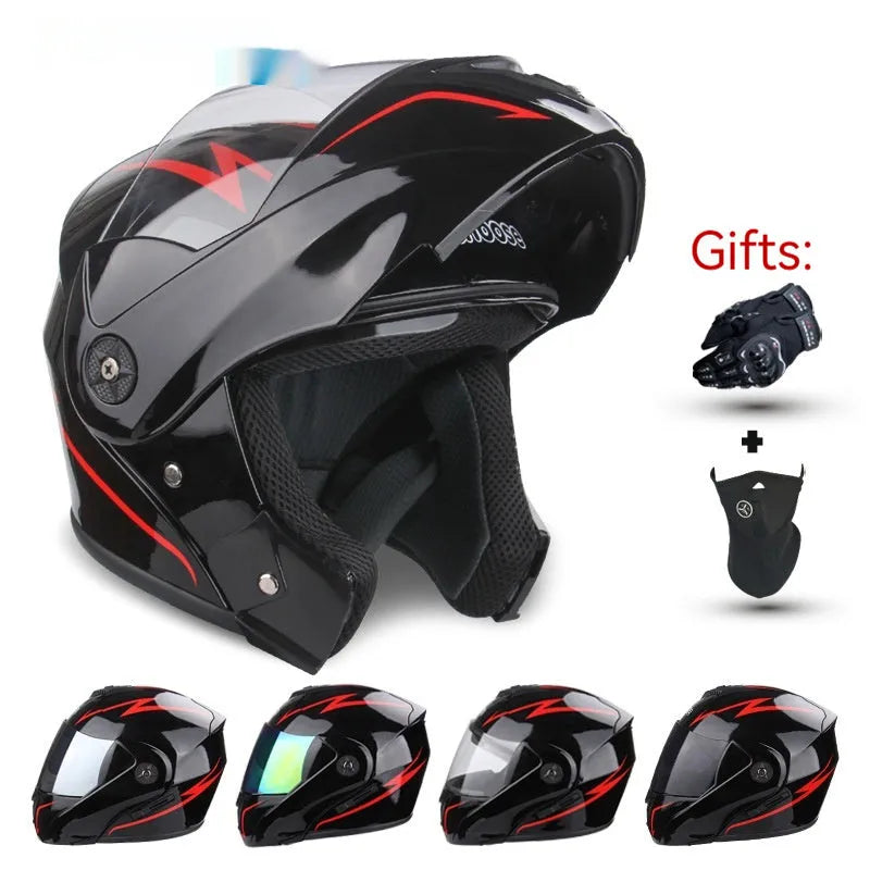 Electric motorcycle helmet with double lens exposed design, ABS plastic shell, available in S M L XL and six colours.