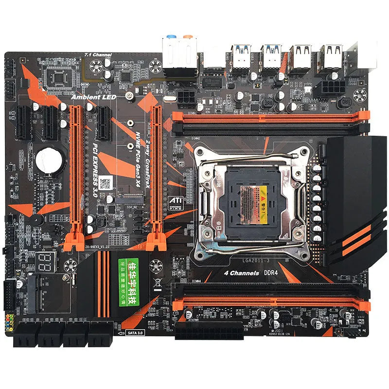 Black X99 ATX motherboard with LGA2011-3 socket, four DDR4 slots, and M.2 NVMe interface