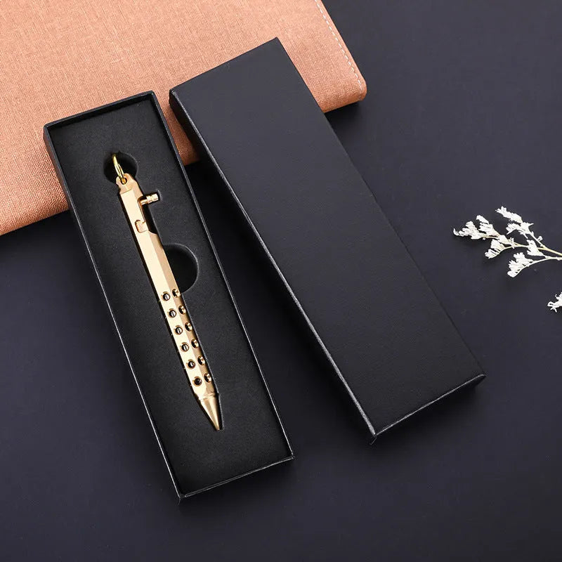 Brass hexagonal bolt roller pen with a 0.5mm tip shown in natural brass and retro black colours.