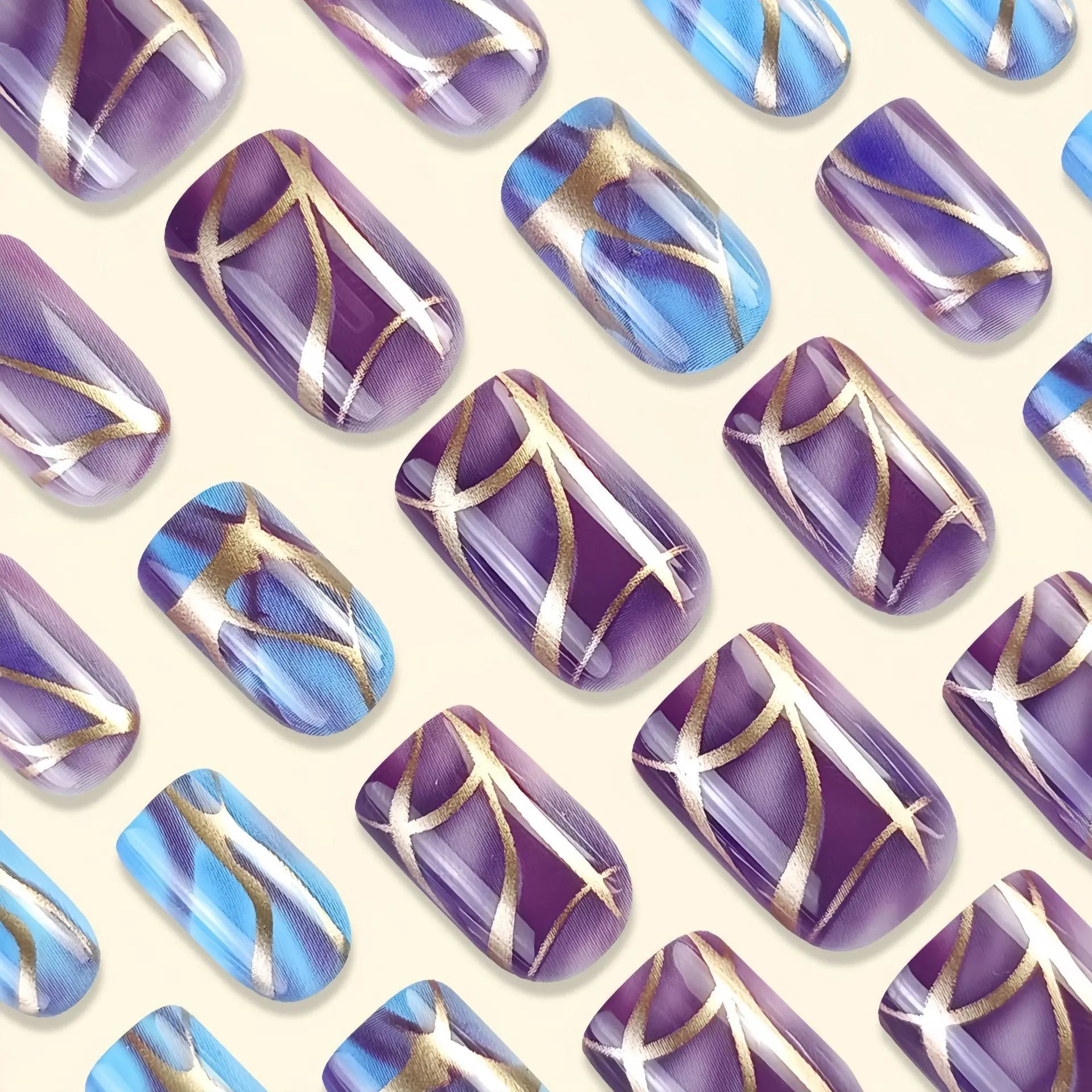 Medium length purple striped nail stickers in European and American style for self-adhesive nail decoration