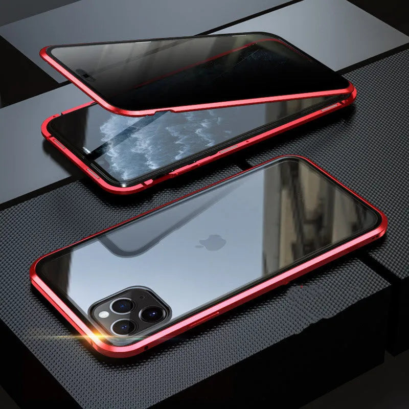 Black glass clamshell anti-spy phone case with a geometric pattern for iPhone.