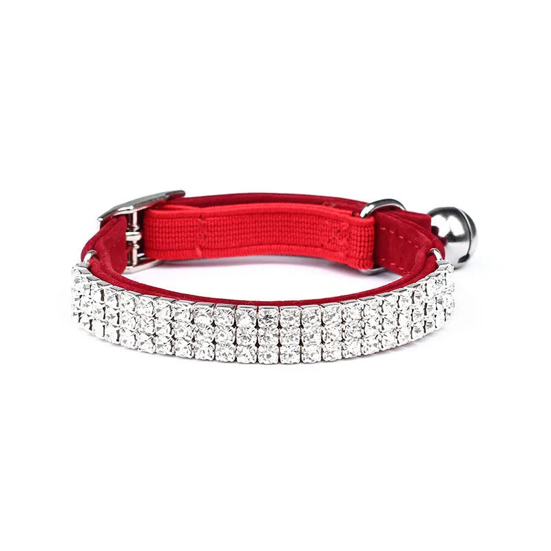 Adjustable velvet cat collar with rhinestones in red, blue, purple, black, or pink