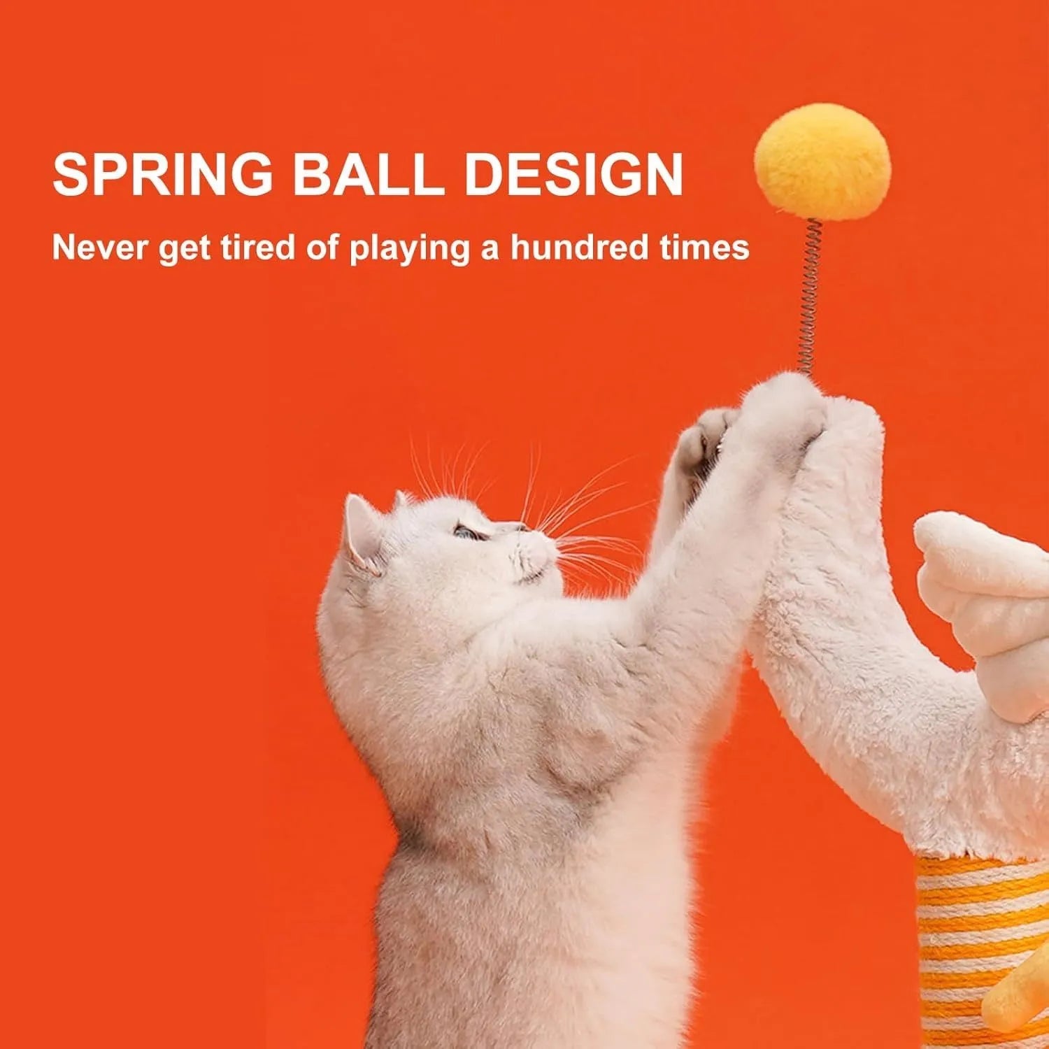 Yellow U-shaped sisal cat scratching post 35x35x88cm with spring ball toy and solid wood base for indoor cats.