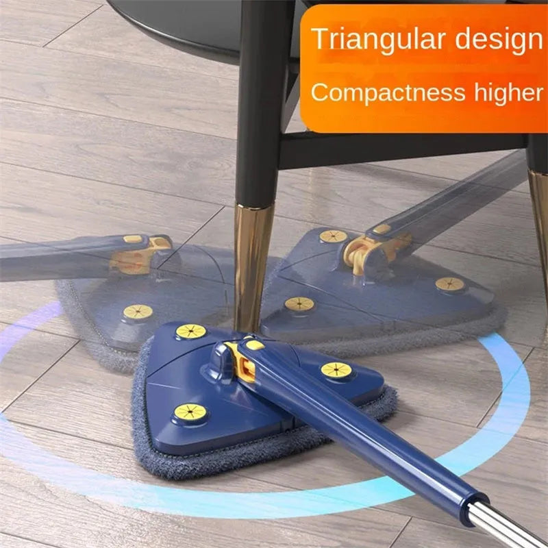Blue extendable triangle cleaning mop with 360-degree rotating head on a stainless steel pole.