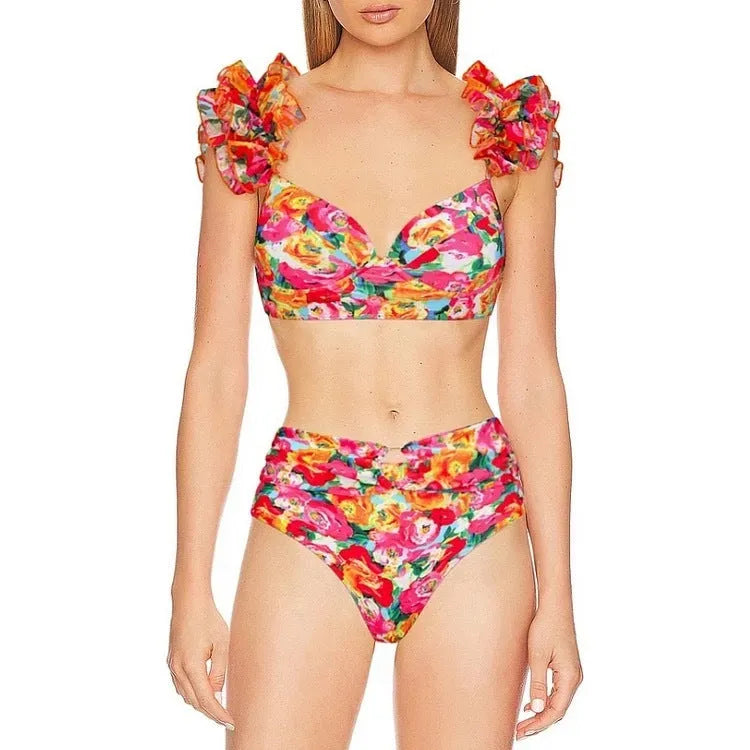 Women's floral two-piece swimsuit with high-waisted briefs and sleeveless top