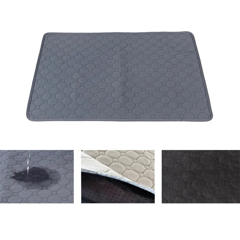 Washable tan and grey reusable dog pee pad on a wooden floor