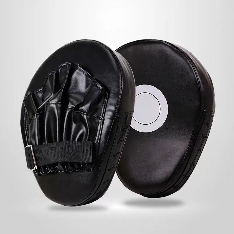 Boxing punch mitts set showing curved and flat hand target styles in red, black, blue, and yellow colour combinations.