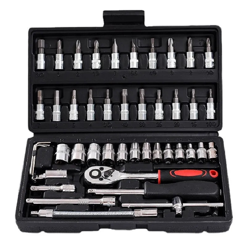 CR-V chromium vanadium steel socket ratchet wrench set with multiple sockets for home and auto repair.