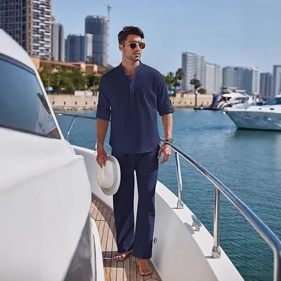 Men's cotton casual suit with long sleeve top and trousers in solid colours