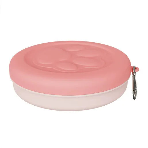 Portable plastic dog bowl set with main dish and attached snack box in green two-tone colour.