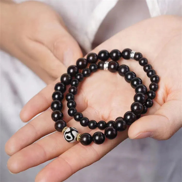 Ebony Tibet beads bracelet with 8mm wooden beads in two-circle retro design