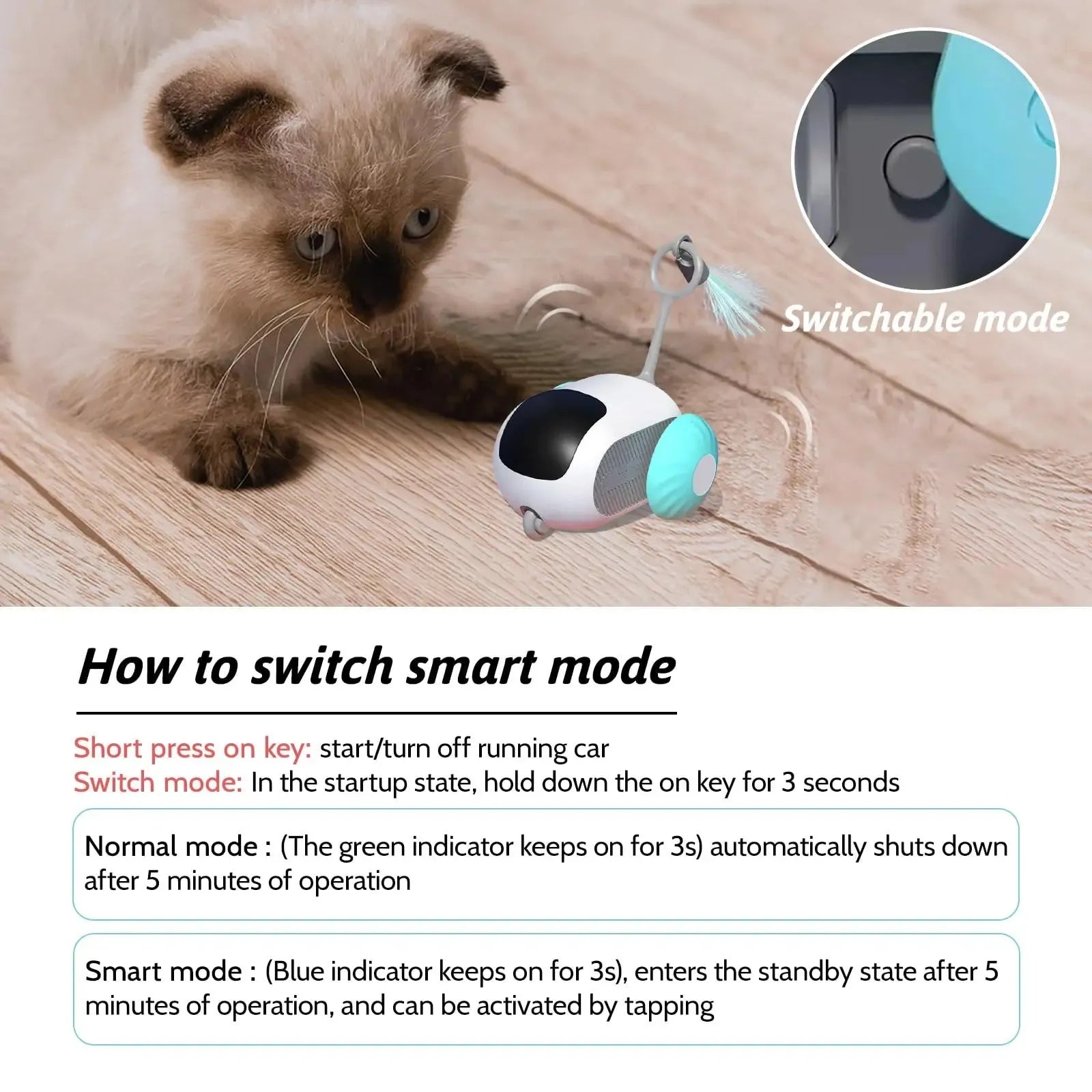 Blue smart cat toy car with feather teaser attachment and remote control on white background