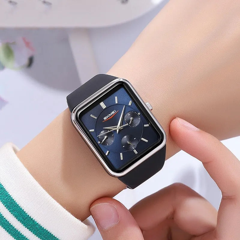 Square silicone waterproof watch for girls showing multiple colour options including white rose gold and black blue
