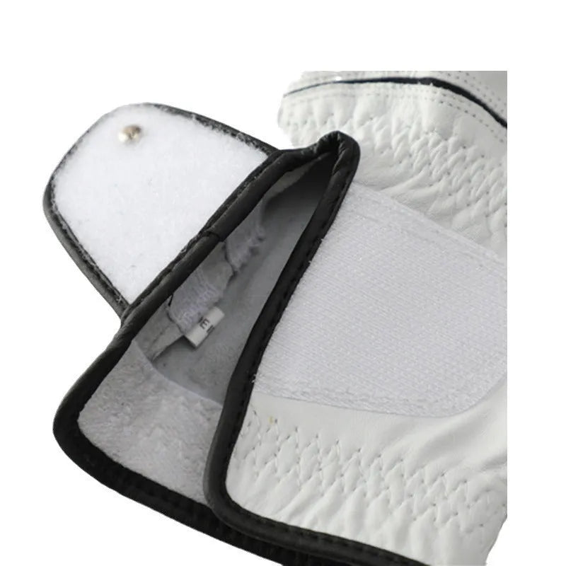 White men's golf glove with half sheepskin palm and non-slip grip design