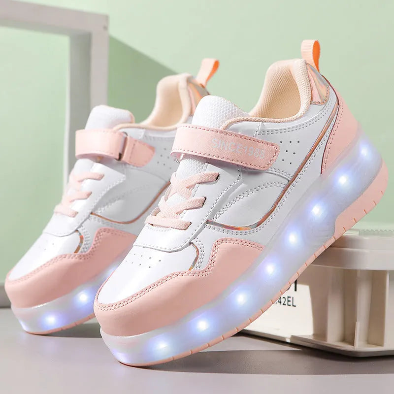 Children's roller skates with LED lights in pink, purple, black or white with two or four wheels