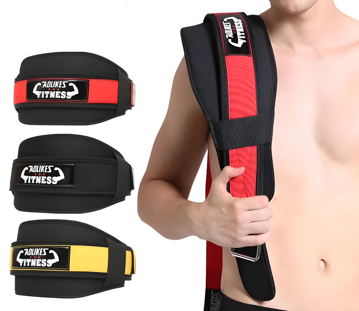 Nylon fitness weightlifting waistband with hook and loop closure in black, red and yellow colour options