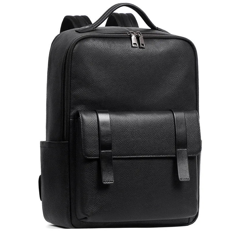 Men's black leather computer backpack with 36-55L capacity and physiological curve back plate