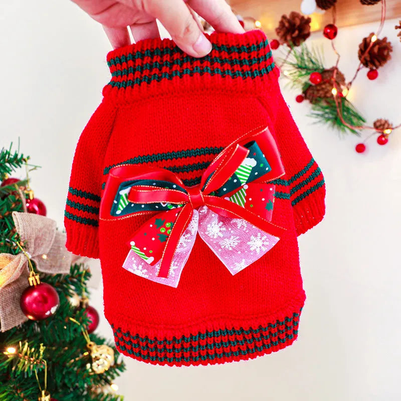 Red and green dog Christmas sweater shown on small to large breed dogs with festive holiday design