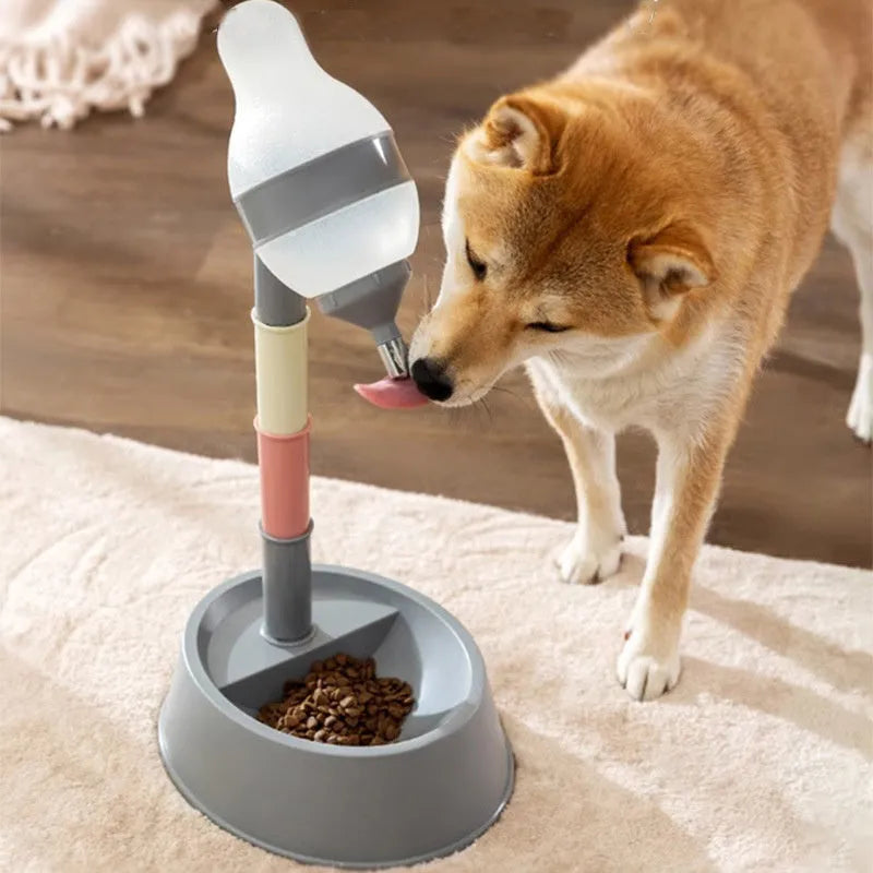 Grey adjustable height pet water dispenser with detachable pole and separate bowl on a wooden floor.