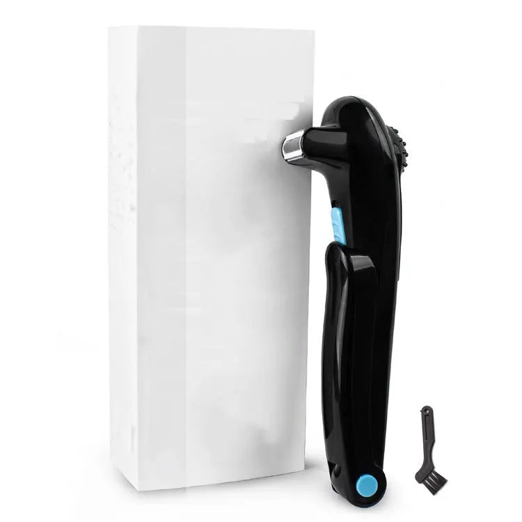Black folding electric body shaver on a white background.