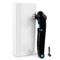 Black folding electric body shaver on a white background.
