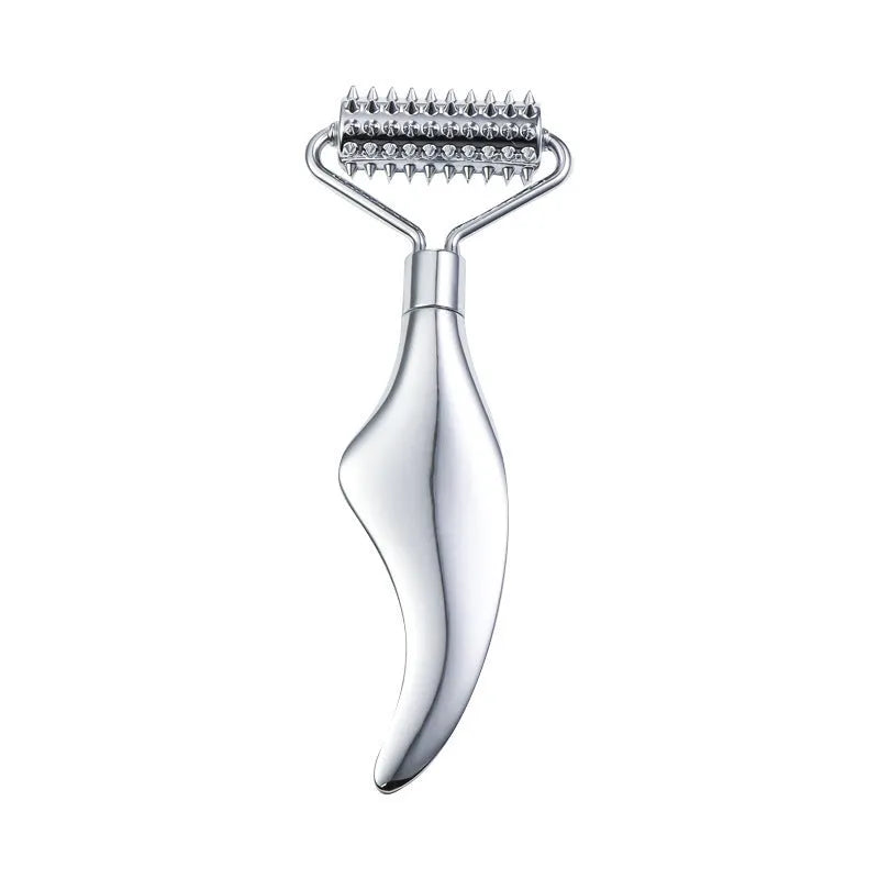 Stainless steel double-headed facial roller and heart-shaped eye massage stick with scraping plate.