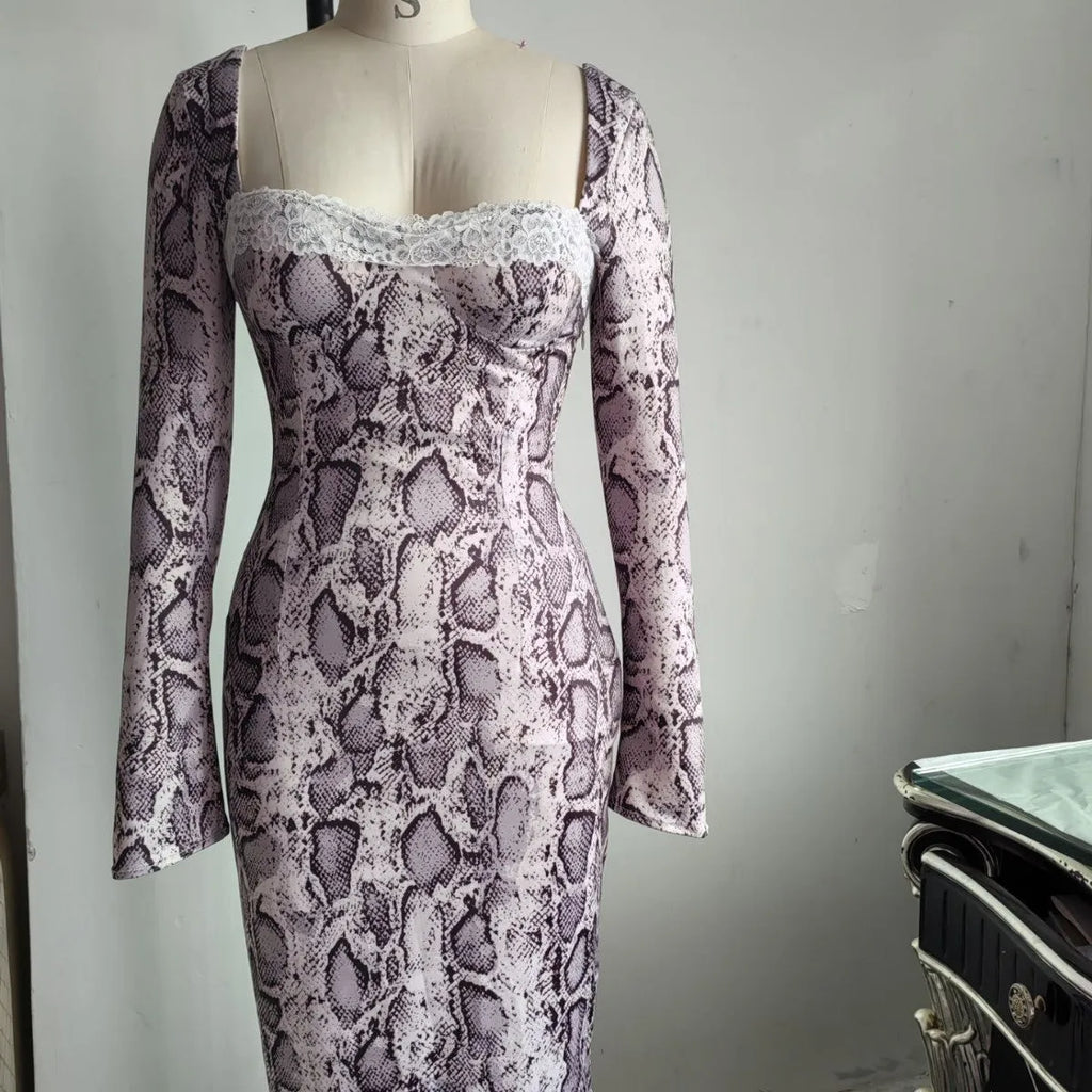 Grey slim fit lace dress with digital printed 3D pattern and A-line skirt