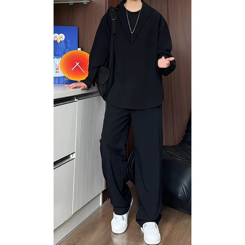 Men's black slim fit hemp polo shirt and trousers two-piece casual set