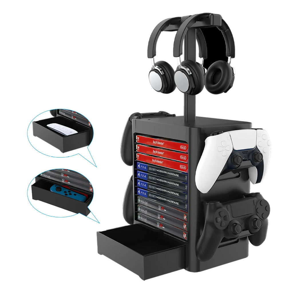 Black ABS gaming accessory storage rack with headphone top, side hooks for controllers, and a bottom drawer.