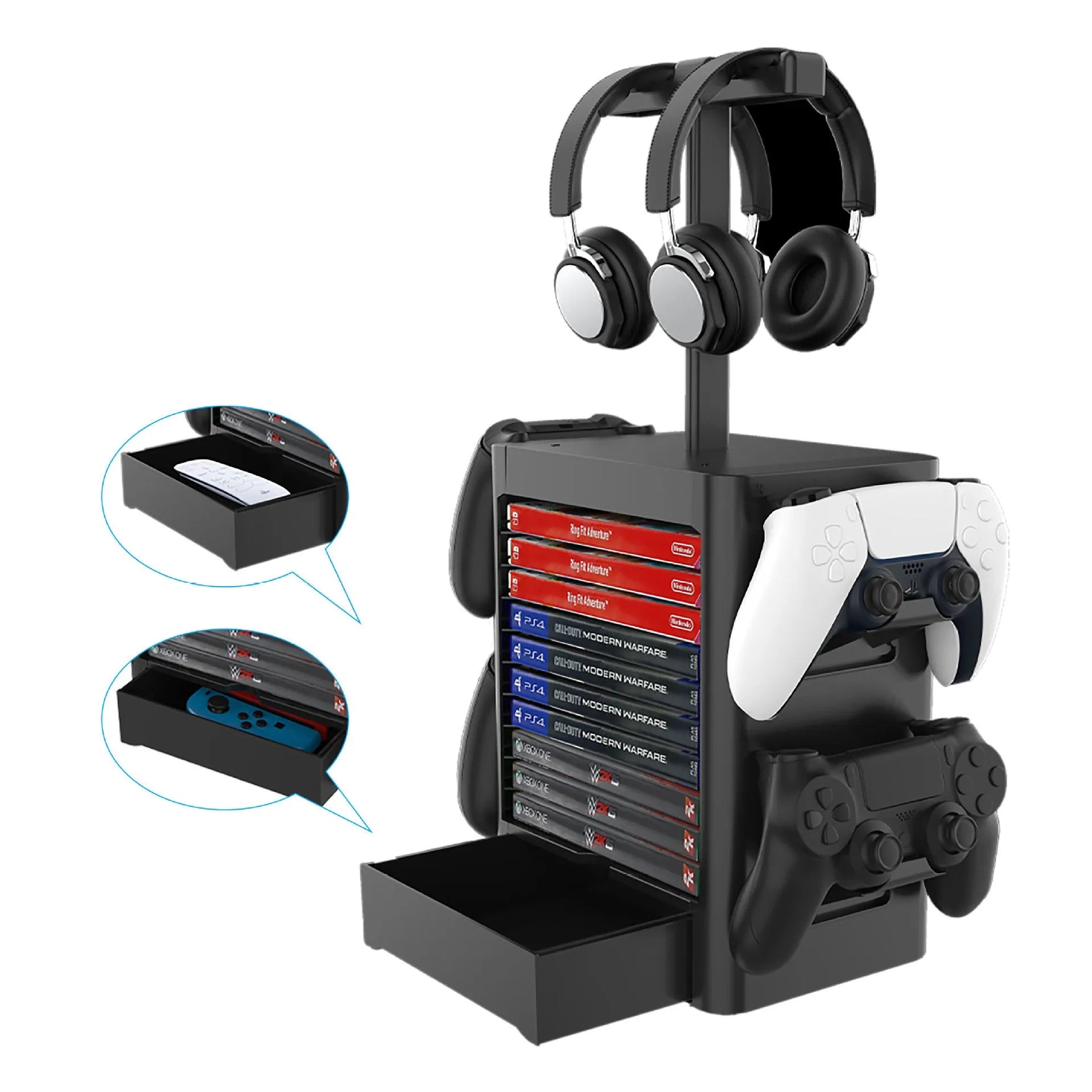 Black ABS gaming accessory storage rack with headphone top, side hooks for controllers, and a bottom drawer.