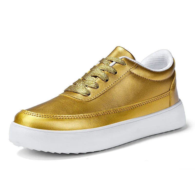 Women's white leather lace-up casual flat shoes on a plain background