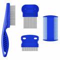 Blue stainless steel dense gear pet flea comb, 4-piece set with large comb 64G or small comb 54G.