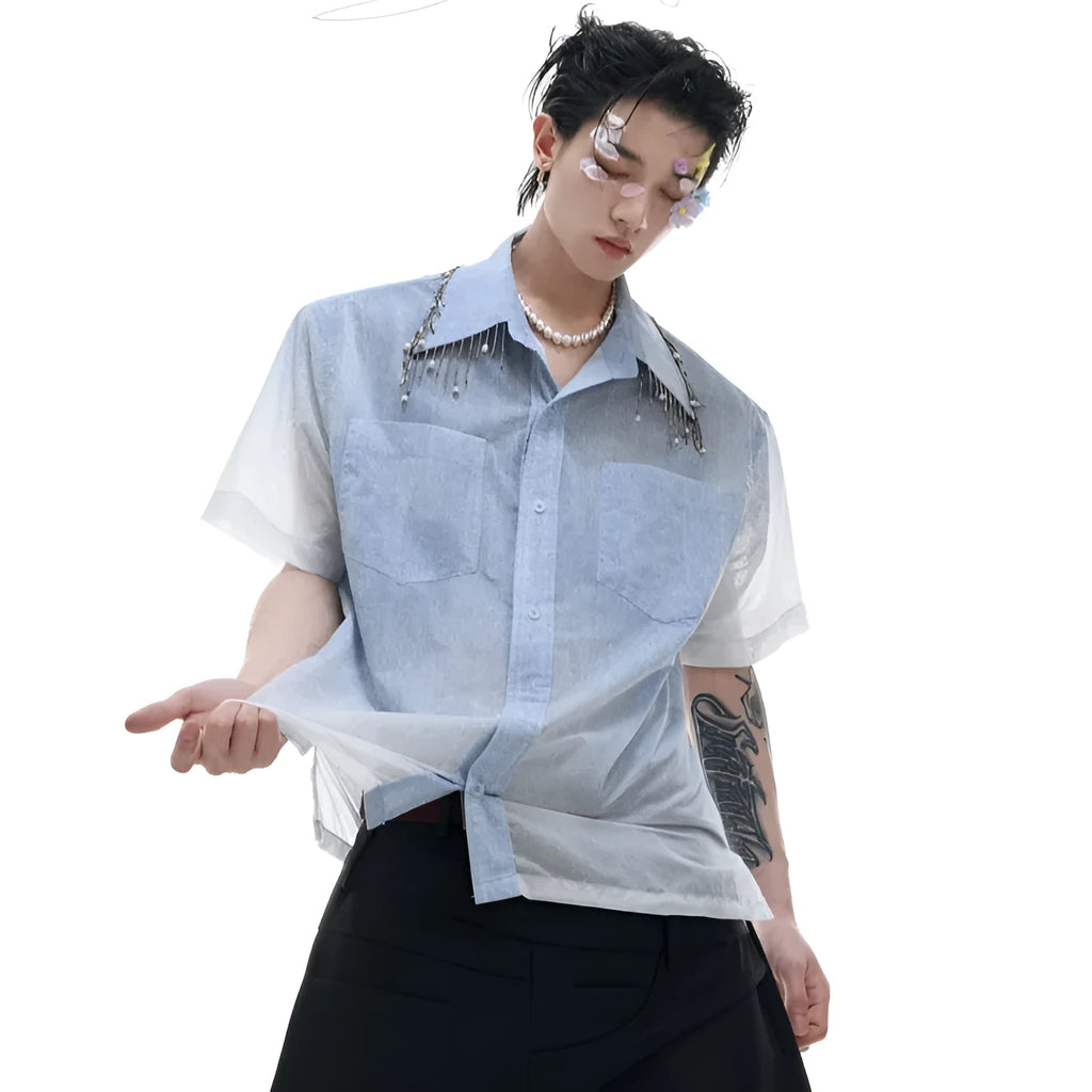 Men's blue and white gradient short-sleeve casual shirt on a hanger