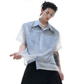 Men's blue and white gradient short-sleeve casual shirt on a hanger