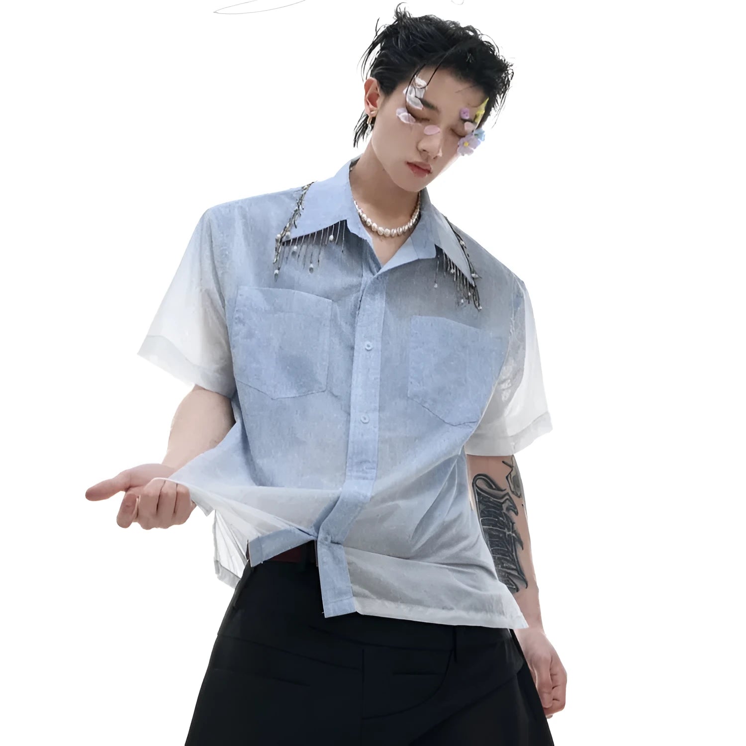Men's blue and white gradient short-sleeve casual shirt on a hanger