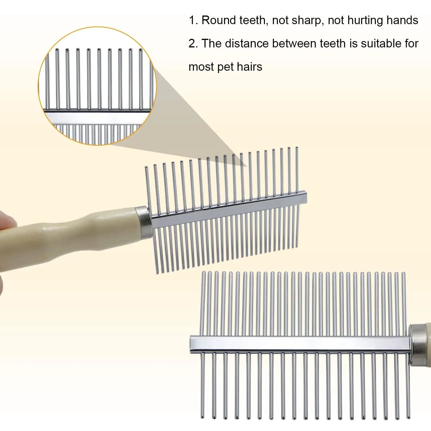 Wooden handle pet grooming comb for dogs and cats showing three configuration options