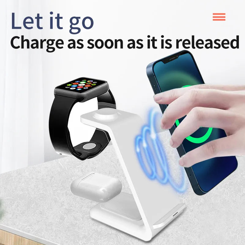 White 3-in-1 upright wireless phone charger with mobile device displayed at viewing angle