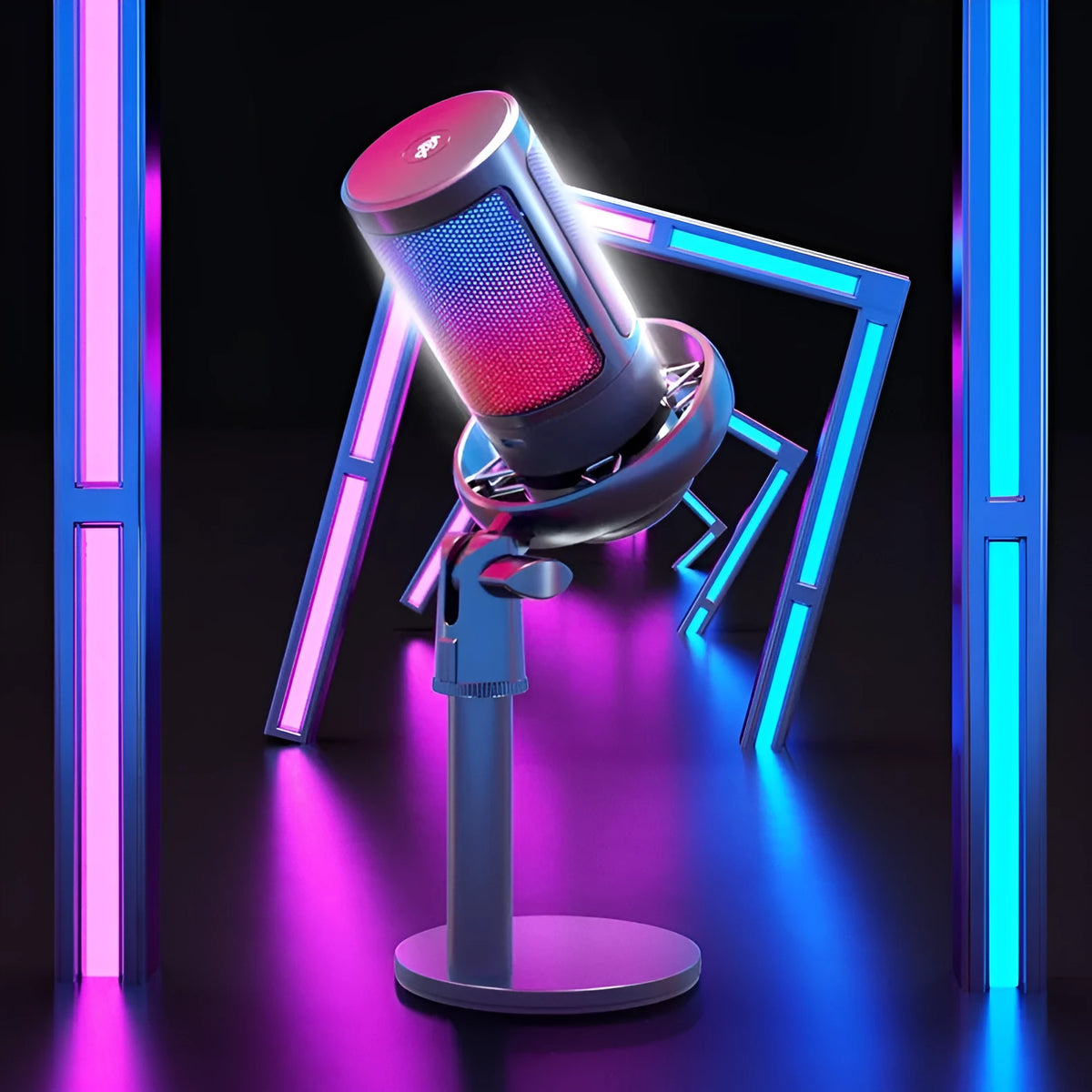 USB condenser microphone with colourful LED lights showing heart-shaped polar pattern for streaming and recording