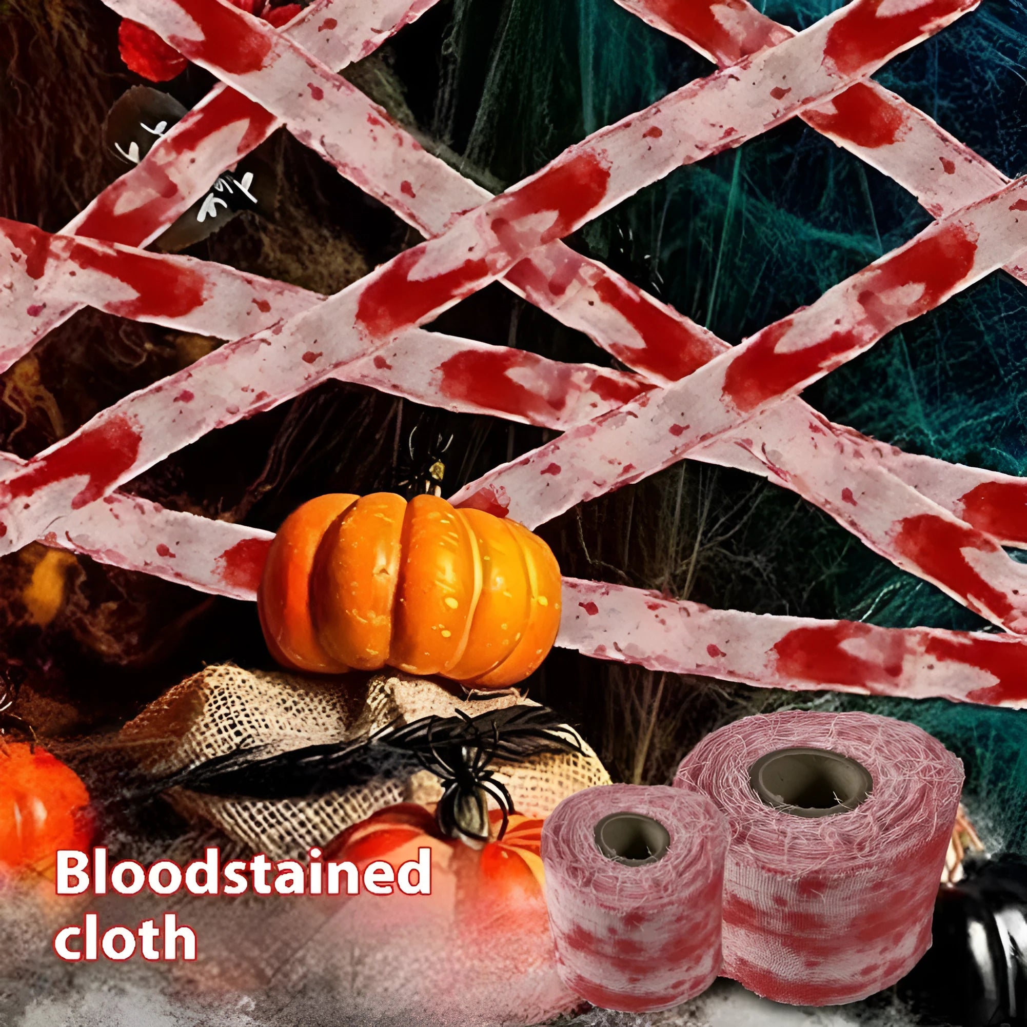 Roll of red dyed polyester gauze bandage for Halloween horror costumes and decorations.