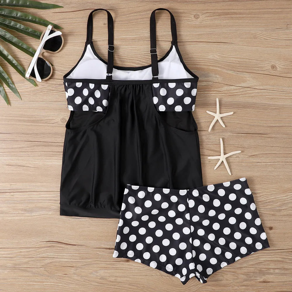 Women's polka dot print boxer swimsuit with high waist briefs in polyester fabric