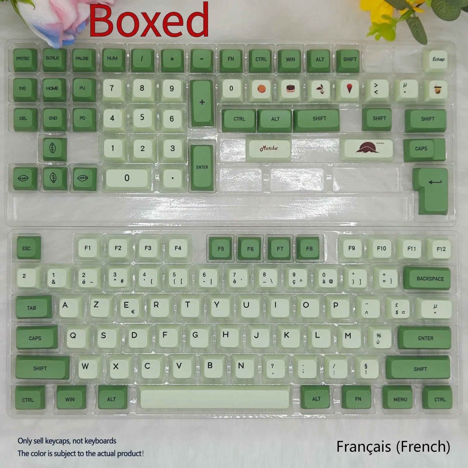 124 PBT keycaps with matcha green colour and white doubleshot legends for mechanical keyboards.