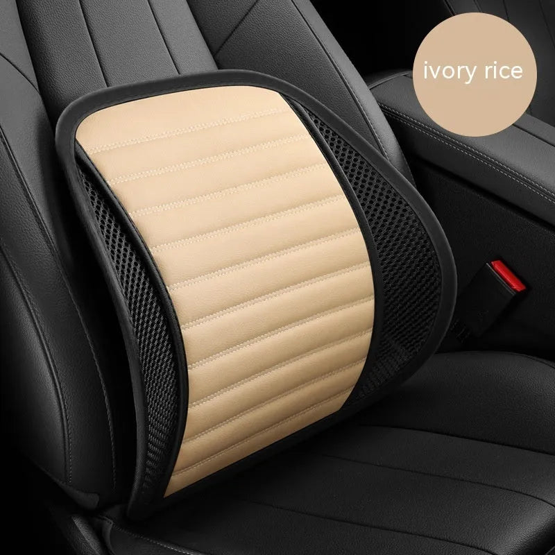 Leather lumbar support cushion for car seat, available in multiple colours including amber brown and sapphire blue.