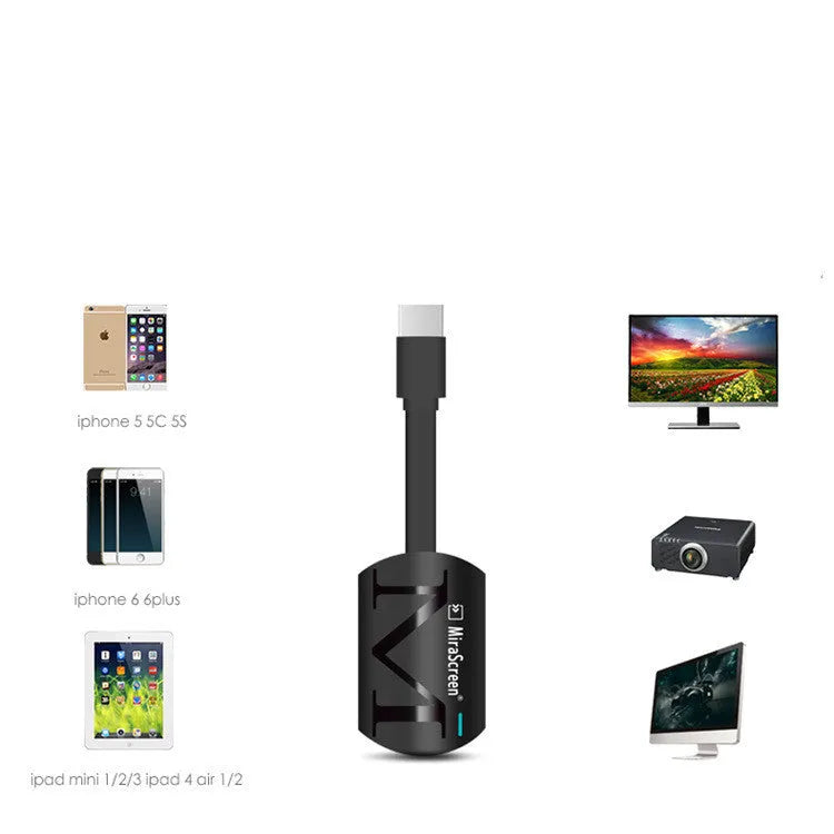 Black HD TV dongle for smartphone screen mirroring with HDMI port.