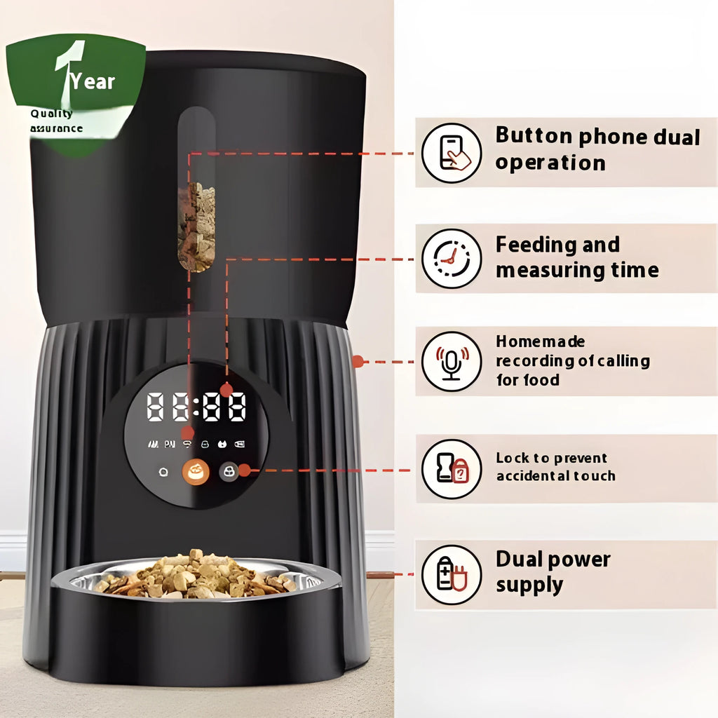 Black and white intelligent pet feeder with automatic timing and remote feeding functions